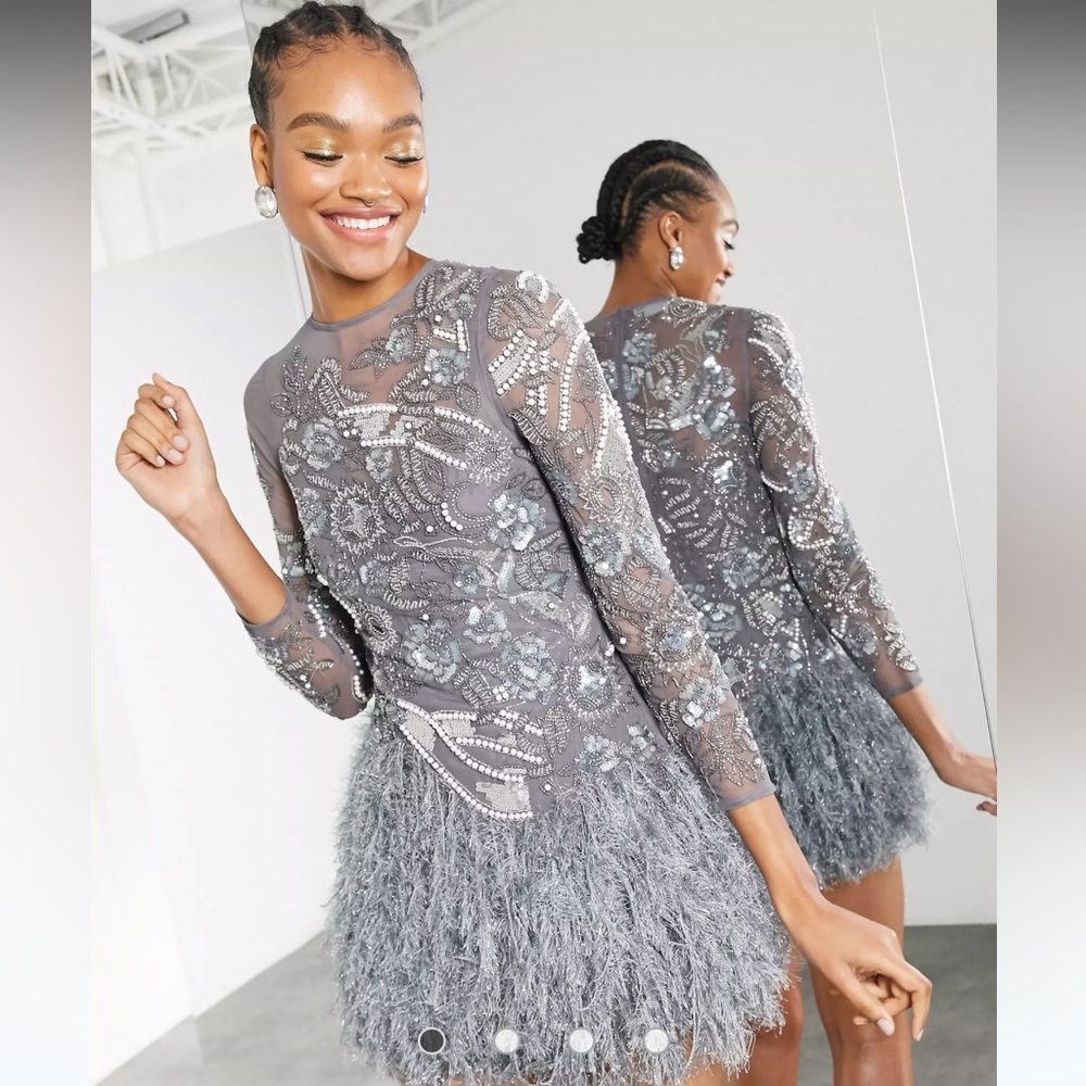 ASOS EDITION pearl and sequin floral mini dress with faux feather hem